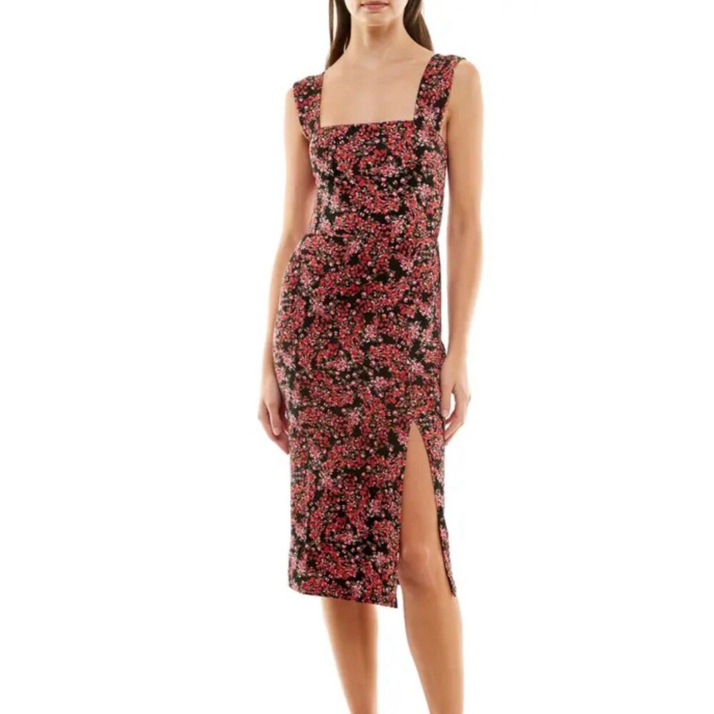 SOCIALITE Square Neck Slit Bodycon Dress In Red Floral Size XS